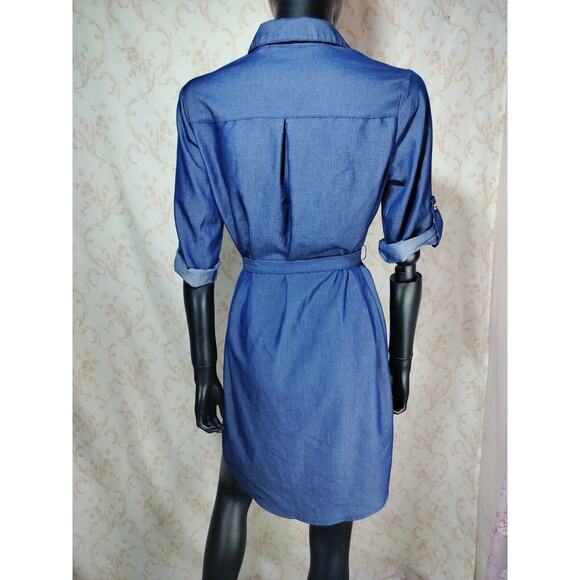 Mlle Gabrielle Lightweight Denim Look Dress Zip Front Tie Waist, Size S - Picture 6 of 16